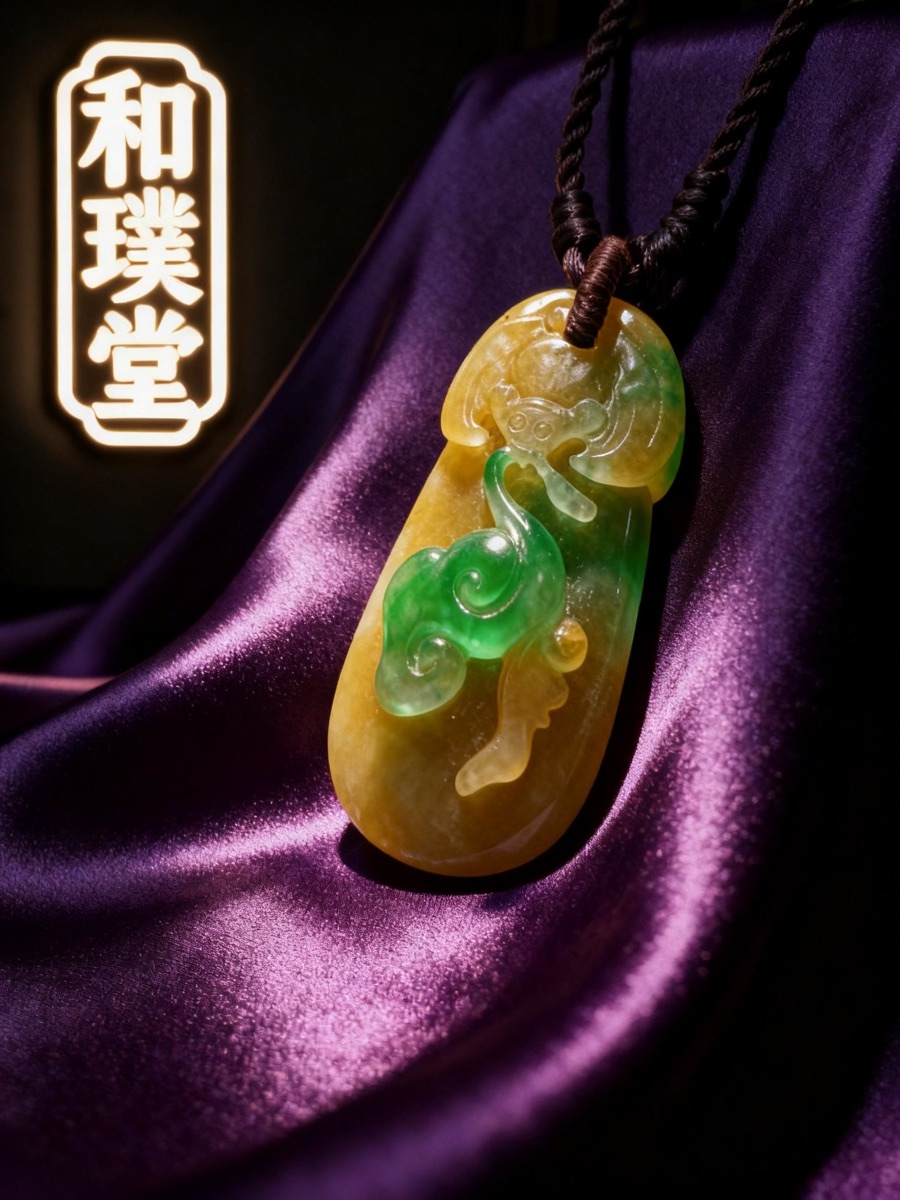 糯种黄加绿如意牌挂件
